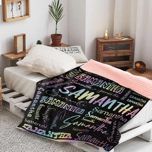Miniatura 4 de Manta con nombre personalizable, diseño de nombre múltiple, manta de franela de felpa suave personalizada con respaldo punteado de doble capa