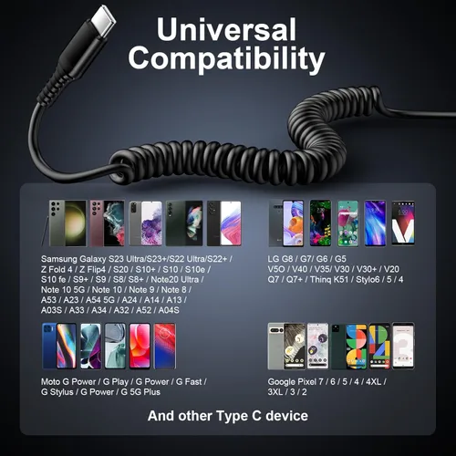 Miniatura 7 de Cable USB A a USB tipo C S25 Cable de carga ultra rápido para automóvil Android Auto, cable rápido retráctil de 3 pies para Samsung Galaxy