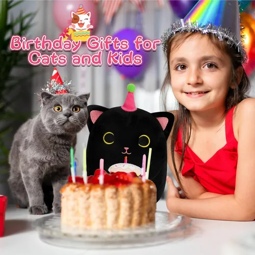 Miniatura 4 de Peluche de gato negro de 8 pulgadas con pastel, lindo regalo de cumpleaños negro para niñas, niños y gatos, decoración de la habitación del hogar