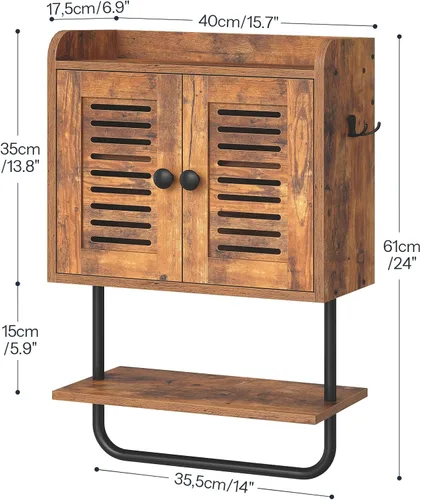 Miniatura 3 de HOOBRO Botiquín de baño, gabinete de pared para baño de doble puerta con toallero, estante ajustable, 2 ganchos, gabinete de almacenamiento sobre