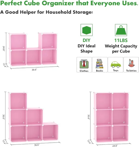 Miniatura 3 de C&AHOME Organizador de almacenamiento de cubos, unidades de estantes de 6 cubos, gabinete de clóset, estantería modular de plástico para armar, Rosa