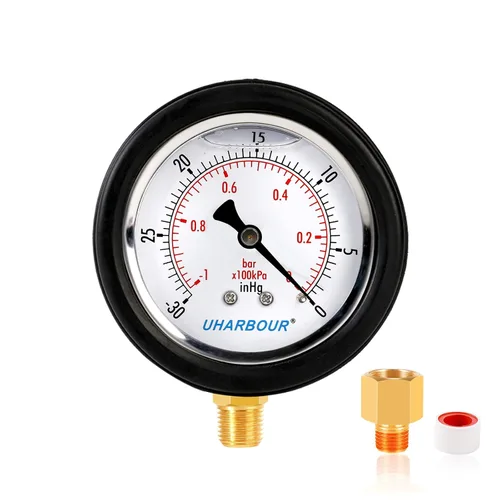 Miniatura 46 de Medidor de presión relleno de glicerina 1/4 NPT 100psi/7bar, carcasa de acero inoxidable, construcción interior de latón, esfera de 2-1/2", conexión