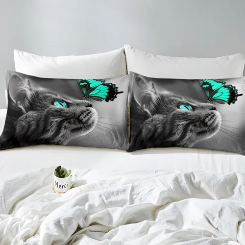 Miniatura 3 de Linda sábana bajera ajustable de gato tamaño individual, juegos de ropa de cama de mariposa azul y verde para niños, sábanas estéticas de gatos