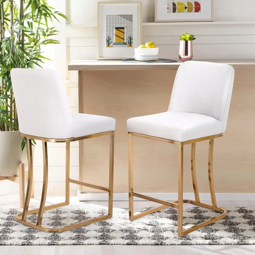 Juego de 2 taburetes de bar de altura de mostrador de color blanco cremoso de 24 pulgadas, modernos taburetes de bar dorados con respaldo tapizado