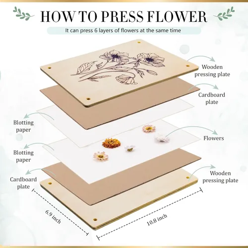 Miniatura 4 de Aboofx Kit de prensa de flores grandes para adultos, 10.8 x 6.9 pulgadas, 6 capas de madera para flores prensadas, hojas de hierbas, preservación