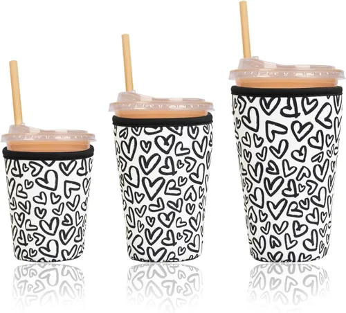 Miniatura 20 de Funda aislante reutilizable para taza de café helado, paquete de 3 fundas de neopreno para bebidas frías y calientes, soporte para bebidas para café