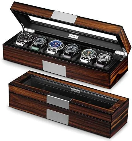 Miniatura 3 de Caja de 6 relojes Organizador de reloj para hombre Caja de almacenamiento de reloj grande Caja de almacenamiento de madera 6 relojes vitrina