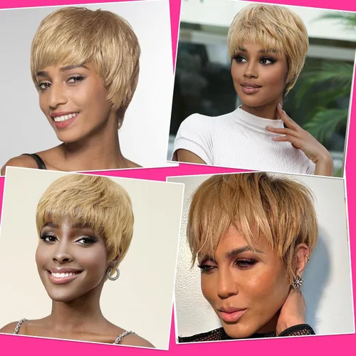 Miniatura 7 de Pelucas Honey Blonde sin pegamento para usar y quitar, pelucas de cabello humano cortas con corte Pixie para mujeres, peluca de cabello humano corta