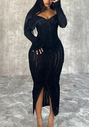 Miniatura 2 de Tcremisa Women's Elegant Off Shoulder Dress Sexy Long Sleeve Button Down Ruffle Mesh Bodycon Long Dresses