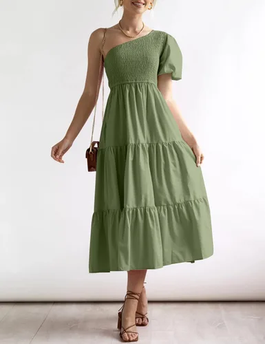 Miniatura 7 de Chriselda Vestido casual de manga corta con un hombro fruncido para mujer, cintura alta, con volantes, vestido midi para fiesta