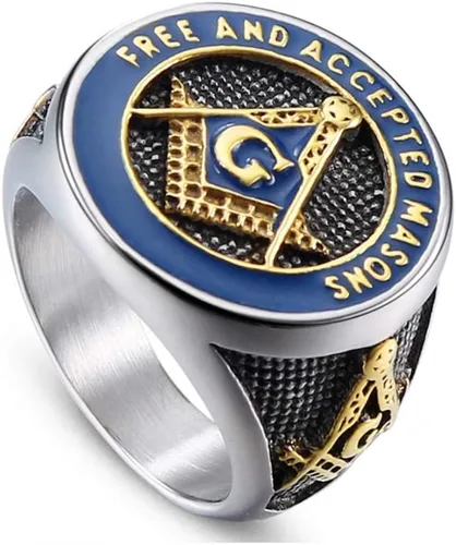 Anillos de masón sin masones para hombre, de acero inoxidable, anillo de masón, plateado, azul, francmasonería, punk, motero, alianza de boda, talla