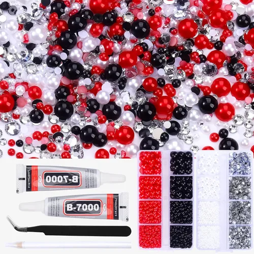 Miniatura 18 de Kit de perlas y diamantes de imitación con parte trasera plana de oro negro, 3929 unidades, diamantes de imitación de resina de tamaño mixto