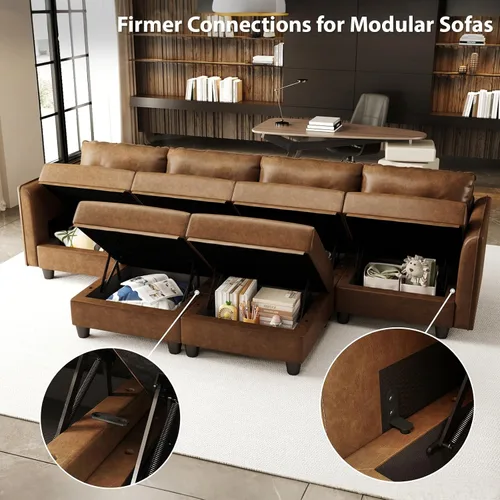 Miniatura 7 de LLappuil Sofá modular seccional asiento de almacenamiento de módulo medio para silla personalizable sin brazos, cuero sintético marrón moderno