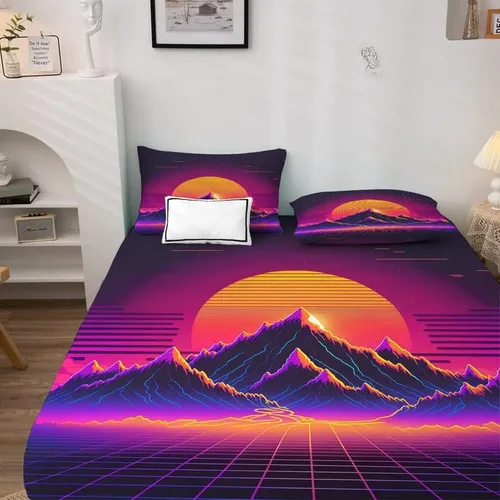 Miniatura 3 de Vaporwave Sheets - Juego de sábanas de tamaño individual, sábanas de cama de montaña neón y puesta de sol, microfibra suave con bolsillo profundo