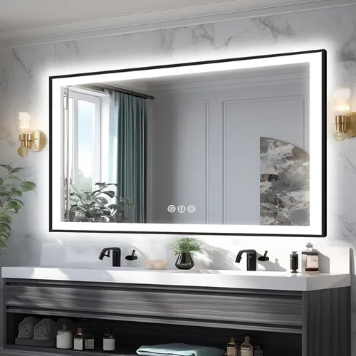Miniatura 59 de EchosLife Espejos de baño LED de 20 x 28 pulgadas para pared, marco de aluminio negro (frontal y retroiluminado), espejo de tocador antivaho