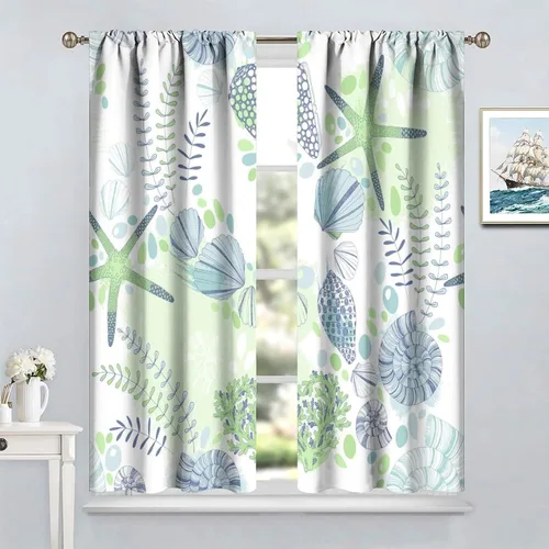 Miniatura 4 de Cortinas de decoración de playa con océano azul, peces náuticos costeros playeros de verano, conchas marinas, temática infantil, dormitorio, sala