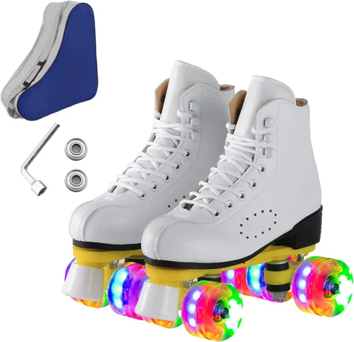 Patines de ruedas para hombres y mujeres, patines Derby negros con 4 ruedas brillantes, patines clásicos de doble fila para interiores y exteriores