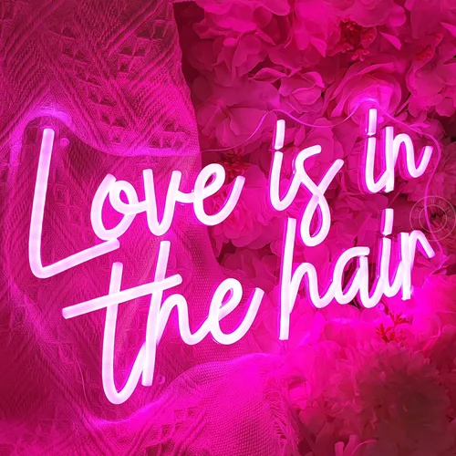 SYLHOME Letrero de luz LED de neón con texto en inglés «Love Is In The Hair» para peluquería, peluquería, peluquería, peluquería, estudio de