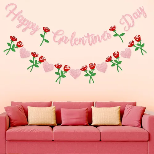 Miniatura 4 de Cartel de Feliz Día de Galentine – Decoración del Día de Galentine con purpurina rosa, pancarta de guirnalda de corazón rosa para damas, niñas