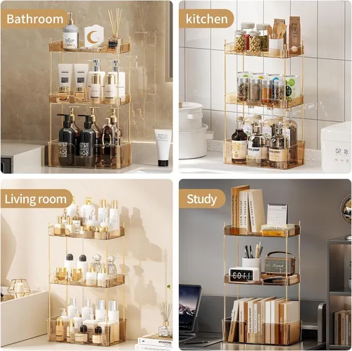 Miniatura 5 de Akinbas Organizador de baño de 3 niveles, bandeja de perfume de maquillaje, organizador de cuidado de la piel para tocador de baño (dorado)