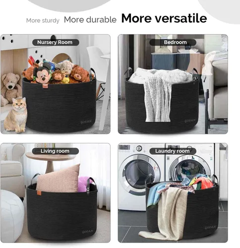 Miniatura 5 de GOCAN Cesta de almacenamiento extragrande para lavandería, 22 x 22 x 14 pulgadas, cuerda de algodón tejida para cesta de mantas con asas para sala