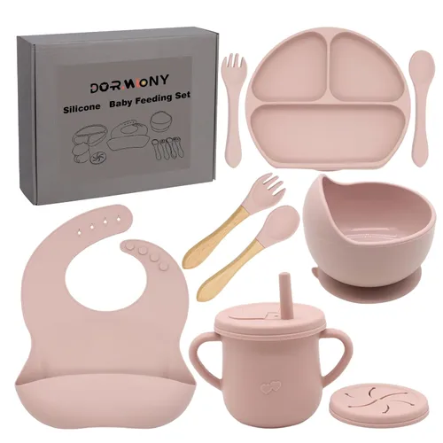 Juego de alimentación para bebés 100% de silicona, sin BPA, con ventosa, plato dividido, juego de platos de autoalimentación para niños pequeños con