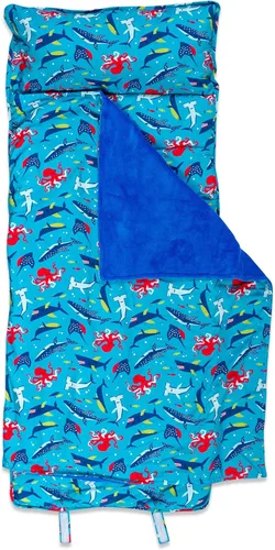 Miniatura 4 de Stephen Joseph, Tapete estampado para siesta para niños pequeños con manta suave y almohada extraíble para niños y niñas, saco de dormir para Azul