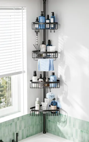 Organizador de Ducha de Esquina con Barra de Tensión: Organizador Ajustable a Prueba de Óxido de 4 Niveles para el Interior del Baño - 120-307 cm