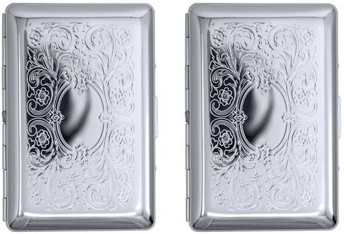 Miniatura 2 de Juego de 2 cajas de cigarrillos ultra compactas chapadas en metal tamaño King y caja de almacenamiento (estampado Victoria plateado)
