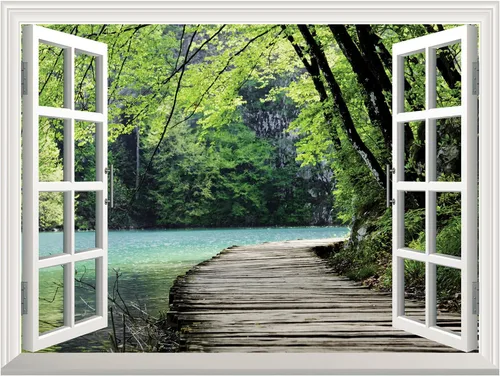 Miniatura 2 de wall26 Ventana blanca mirando hacia fuera en un puente junto a un lago rodeado de árboles, mural de pared, calcomanía extraíble, decoración