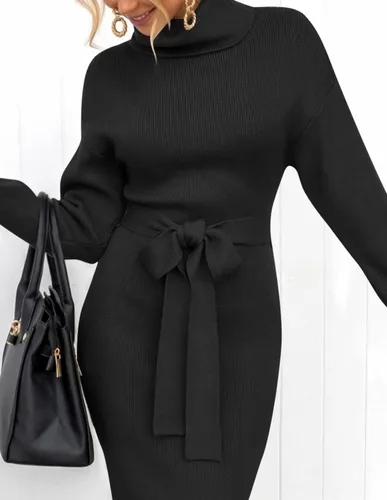 Miniatura 48 de ZESICA - Vestido por debajo de la rodilla de suéter, de cuello alto, para mujer, de manga larga, de punto acanalado, con abertura y cinturón
