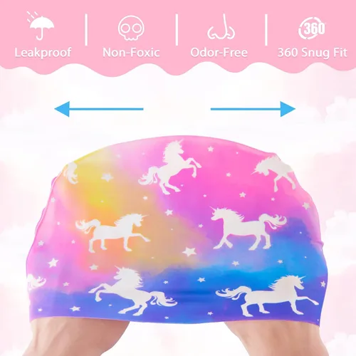 Miniatura 3 de Paquete de 2 gorros de natación impermeables de silicona para niños y niñas (3-8 años), diseño de sirena de unicornio, gorro de natación para niños