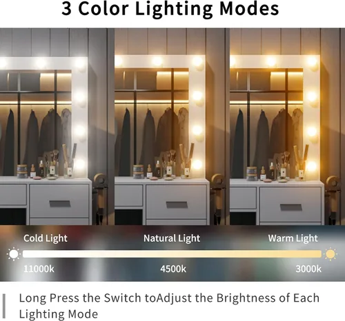 Miniatura 5 de FUSOU Escritorio de tocador de 37 pulgadas con espejo y luces LED, tocador de maquillaje con toma de corriente y USB, 3 modos de iluminación