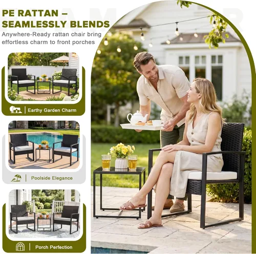 Miniatura 3 de Flamaker - Juego de 3 piezas de muebles de mimbre para patio al aire libre, sillas modernas de ratán, juego de conversación con mesa auxiliar