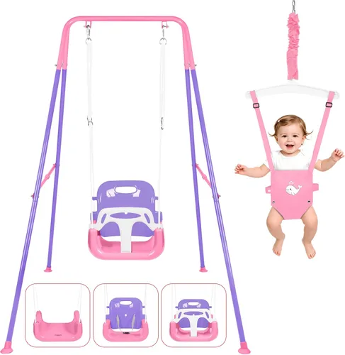 Miniatura 8 de Juego de columpio 4 en 1 para niños pequeños y jersey para bebé, columpio resistente para niños con rebotador, soporte plegable de metal