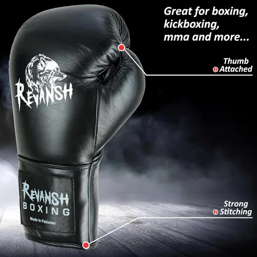 Miniatura 3 de Revansh Prolace - Guantes de boxeo de piel de vacuno, unisex, entrenamiento profesional y sparring, color blanco y negro, tamaños: 12 onzas, 14