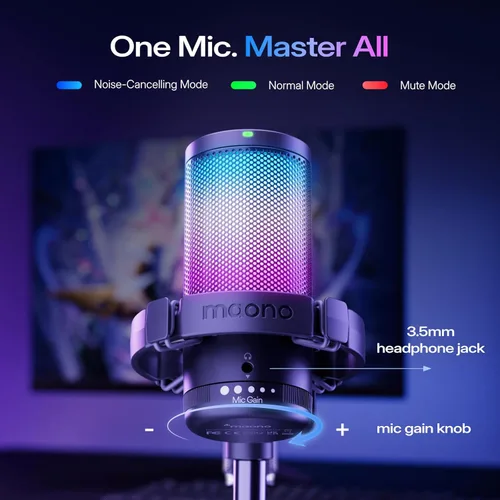 Miniatura 5 de MAONO Micrófono USB para juegos, Micrófono condensador con cancelación de ruido con silencio, ganancia, monitoreo, micrófono de brazo de boom