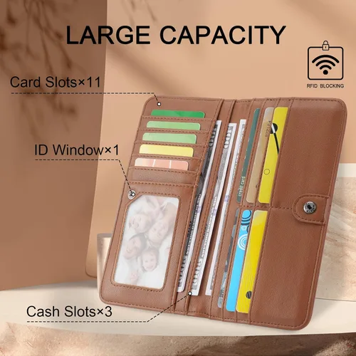 Miniatura 3 de MEITRUE Cartera de cuero delgada ultra delgada para mujer, con bloqueo RFID, tarjetero de crédito, plegable, largo, billetera, para mujer