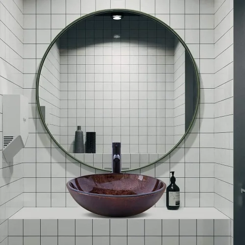Miniatura 7 de Lavabo de Recipiente para Baño de 16.5" Lavabos de Recipiente de Vidrio Templado Marrón Lavabo de Arte Cuenco Redondo con Combo de Grifo Marrón