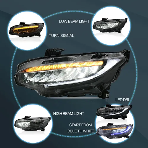 Miniatura 3 de VLAND Conjunto de faros delanteros para Honda Civic DRL 2016-2021 de 10ª generación con animación de inicio 44-46/Azul DRL