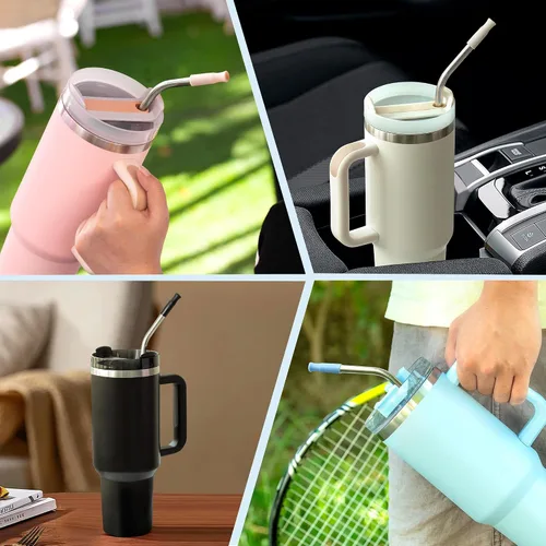 Miniatura 4 de Pajitas de metal dobladas para vaso Stanley de 40 onzas, paquete de 3 popotes reutilizables de acero inoxidable con puntas de silicona y cepillo
