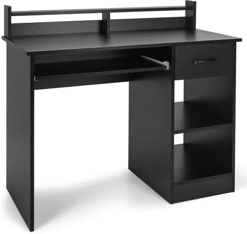 Miniatura 8 de Tangkula Escritorio para computadora con cajón y bandeja para teclado, escritorio de estudio moderno con gabinete de escritorio y estantes
