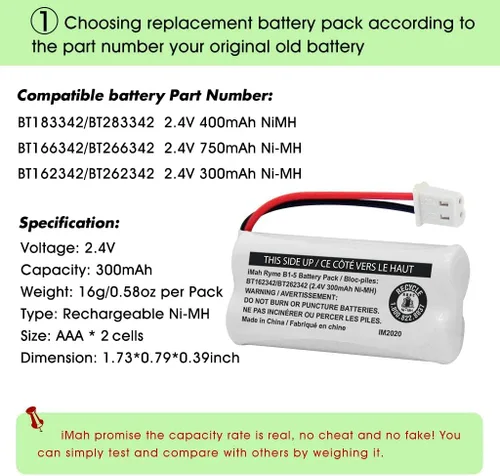 Miniatura 3 de iMah BT162342/BT262342 2.4V 300mAh Ni-MH - Batería inalámbrica para teléfono, también compatible con BT183342/BT283342 AT&T EL52351 TL90070 VTech