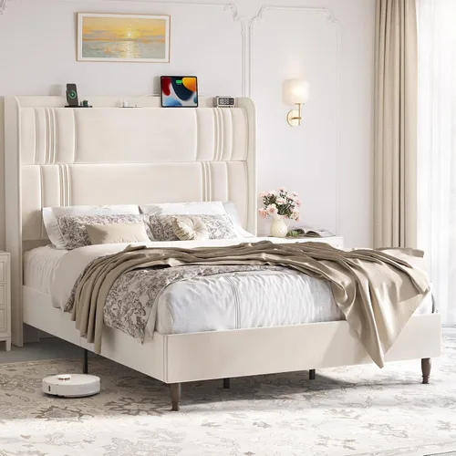 Miniatura 5 de Base de cama tamaño Queen con cabecera alta, plataforma tapizada de 52 pulgadas con estación de carga, marco de cama de terciopelo de lujo, cabecera