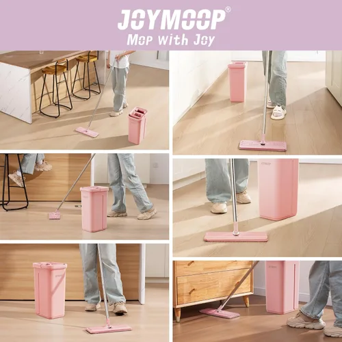 Miniatura 5 de JOYMOOP Juego de trapeador y cubeta rosa con escurridor para el hogar, con 3 almohadillas de microfibra reutilizables, sistema de autolimpieza sin