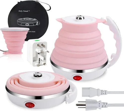 Miniatura 11 de ShineMe - Hervidor de agua eléctrico portátil ultrafino de silicona de grado alimenticio de doble voltaje de 110-220 V con taza, adaptador universal