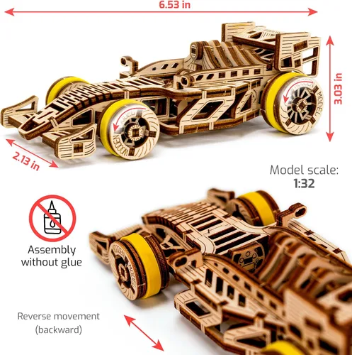 Miniatura 2 de WOODEN.CITY Bolid - Rompecabezas de madera 3D para adultos, construye tu propio auto de carreras con motor de banda de goma