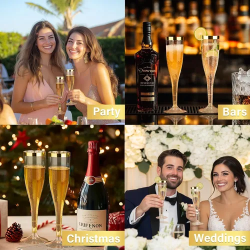 Miniatura 7 de Goodluck Paquete de 48 copas de champán de plástico con purpurina dorada de 6.5 onzas con borde dorado, vasos desechables de champán para brindis