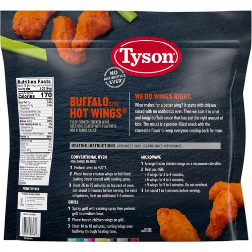 Miniatura 2 de Tyson Alitas de pollo con hueso estilo búfalo totalmente cocidas, con sabrosa salsa picante y picante, 0.55 onzas de proteína por porción, paquete
