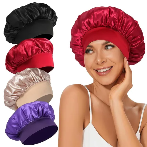 Miniatura 17 de 4 piezas de gorro de satén de seda, gorro de cabello para dormir, gorro de seda elástica de banda ancha para dormir, suave y transpirable